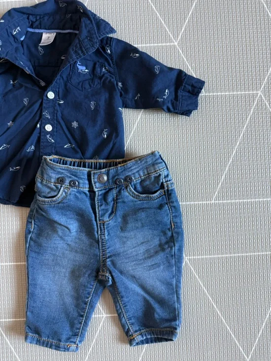Osh Kosh|Baby boy nautical set,Navy sailboat Button-Up Shirt & Blue Denim Pants• - Picture 2 of 8